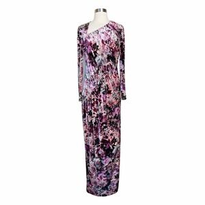 AIDAN MATTOX Velvet Dress Floral Maxi Stretch Multicolor Pink Long Sleeve 6 NWT